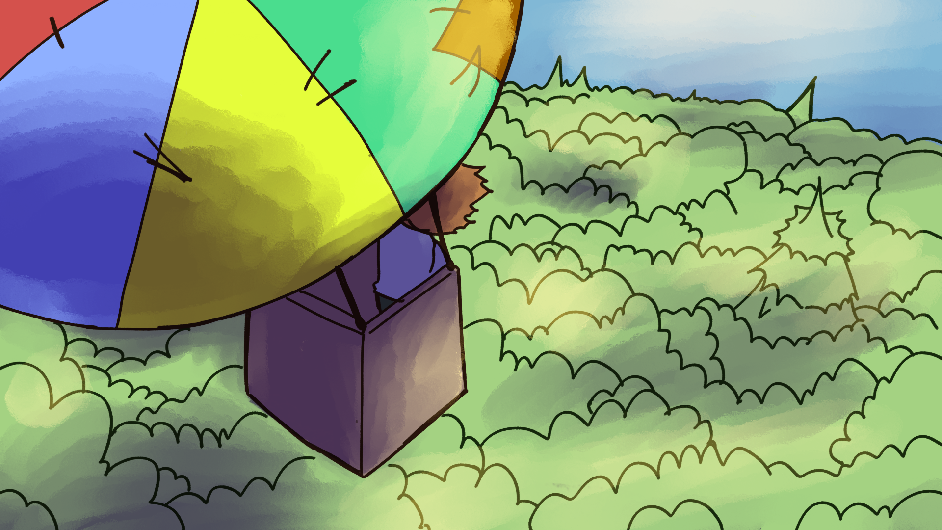 Lynn flying in an airship